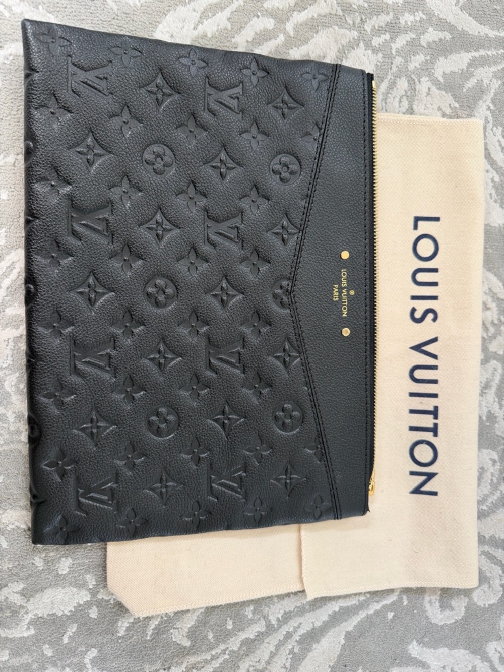Louis Vuitton Black Embossed Monogram Pouch with Gold Accents